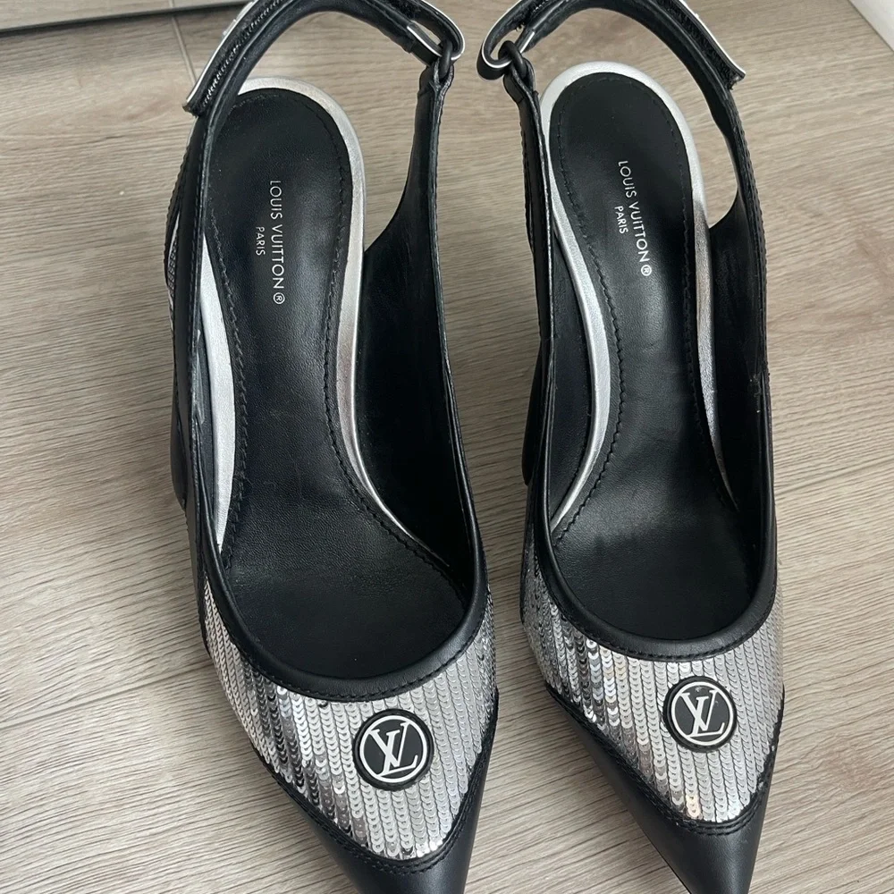 Louis Vuitton Black and Silver Slingback Heels - Picture 3 of 4